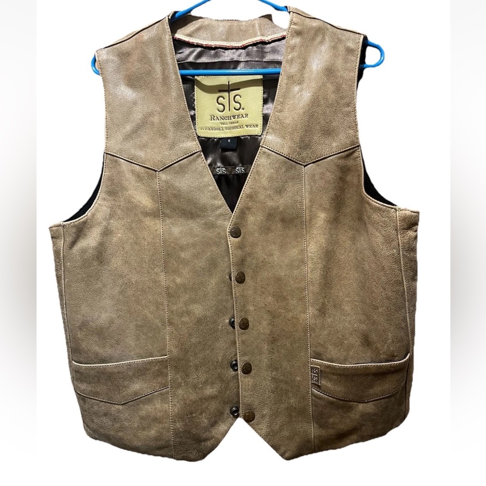 Sz S STS Ranchwear Mens Brown Leather Concealed To Carry Chisum vest w 5 Pockets